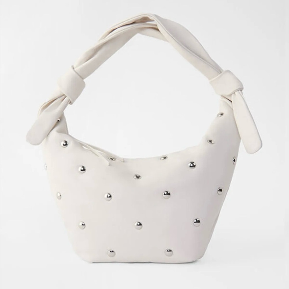 NWT Maje Bow Bag Soft Leather Tie Ivory Ecru Silver Studs Zip Close Hobo